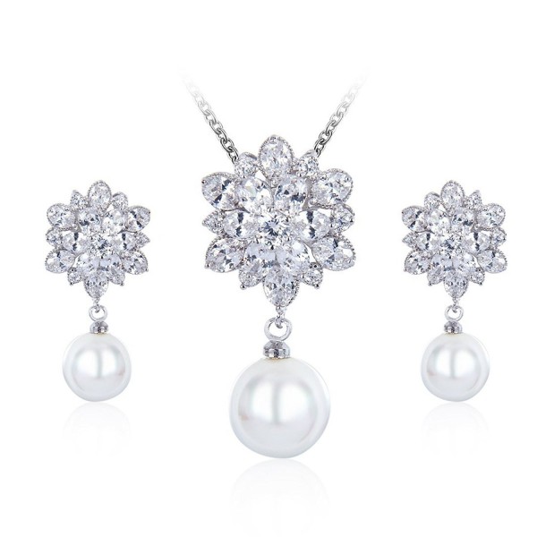 Wordless Love Gorgeous Marquise CZ Bridal Wedding Shell Pearl Earrings and Necklace Set White - C012H3ZJ6ID