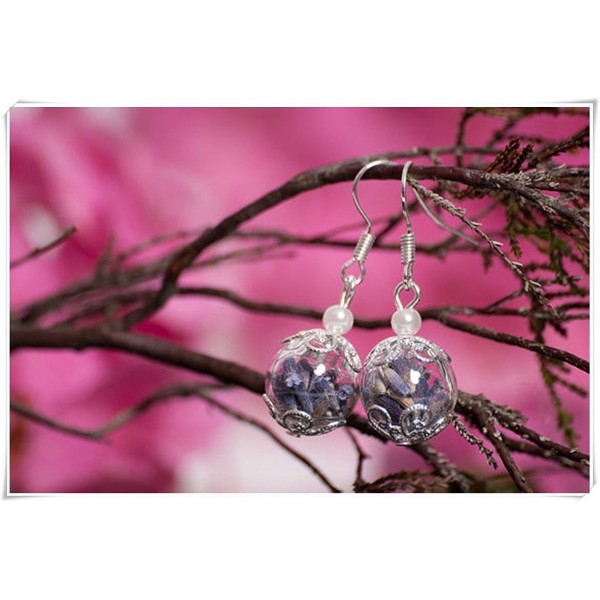 Hand Blown Glass Jewelry Set. Real Lavender Flowers in Globe Earrings. A Perfect Gift for a Friend - CL12GQC5D4F
