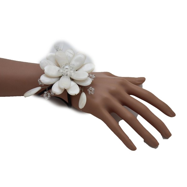 TFJ Women Fashion Jewelry Hand Elastic Metal Cuff Bracelet Slave Big Flower Charm White - CJ12EA4BDM1