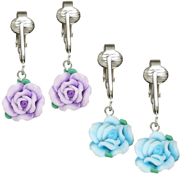 Beautiful Pink- Yellow- Blue- Purple Rose Clip-on Earrings for Women- Girls-Handcrafted Clay Flowers Clip - CF12NTZHDJJ
