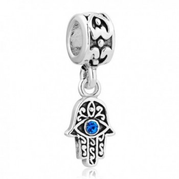 LovelyCharms 925 Sterling Silver Blue Birthstone Evil Eye Hamsa Hand Dangle Beads Fit Bracelets - CN12HIEFLSX