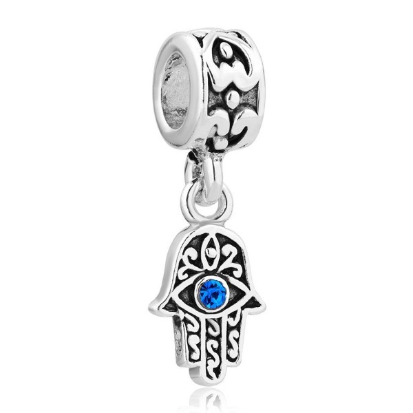 LovelyCharms 925 Sterling Silver Blue Birthstone Evil Eye Hamsa Hand Dangle Beads Fit Bracelets - CN12HIEFLSX