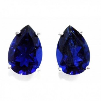 4 Carat Created Blue Sapphire Pear Stud Earrings .925 Sterling Silver Rhodium Finish - C811EFT9Z2D