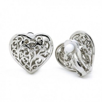 Sparkly Bride Heart Clip On Earrings Filigree Ornate Scroll Rhodium Plated - CP12CH54H6P
