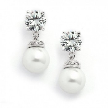 Mariell Light Cream Pearl Drop Wedding Bridal Earrings with Round-Cut CZ - Rich Platinum Plated - CN12H3L3J35