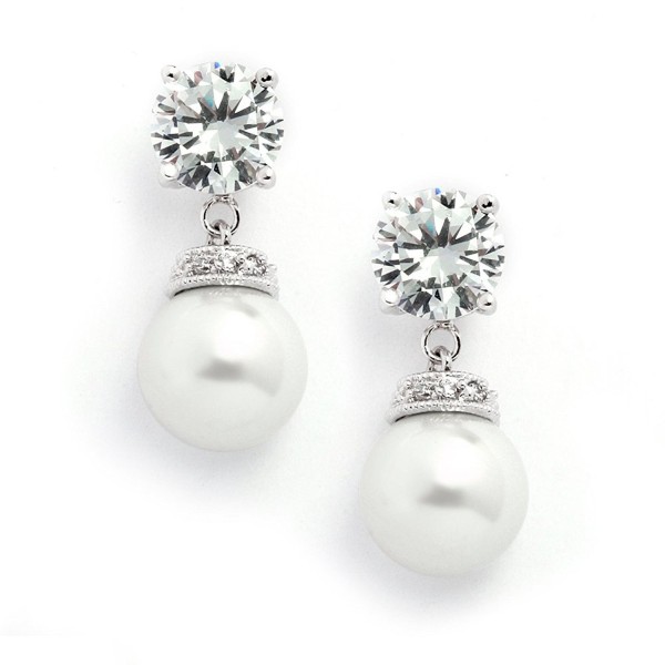 Mariell Light Cream Pearl Drop Wedding Bridal Earrings with Round-Cut CZ - Rich Platinum Plated - CN12H3L3J35