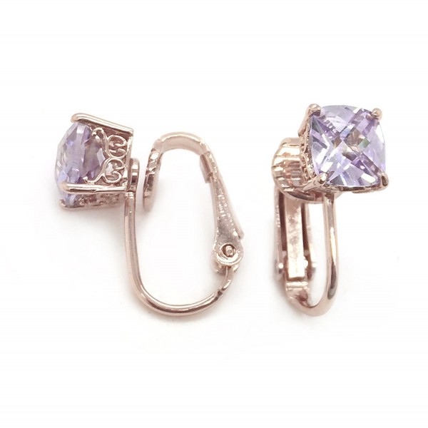 Sparkly Bride CZ Clip On Earrings Purple Rose Gold Plated Checkerboard Faceted Solitaire- 7mm - CI11XSY9AJ3