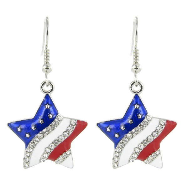 American Flag Patriotic Star Rhinestone Fish Hook Earrings - Clear Crystal with Red White and Blue Enamel - CQ11DT9PFC9