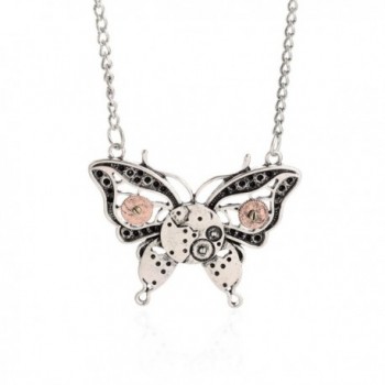 AOLO Antique Silver Butterfly Gear Enbeded Pendant Steampunk Necklace - CC11ZF011CD
