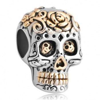 QueenCharms Skull Skeleton Charm Dia De Los Muertos Bead with Golden Flowers for Bracelet - CO12NU46BLL