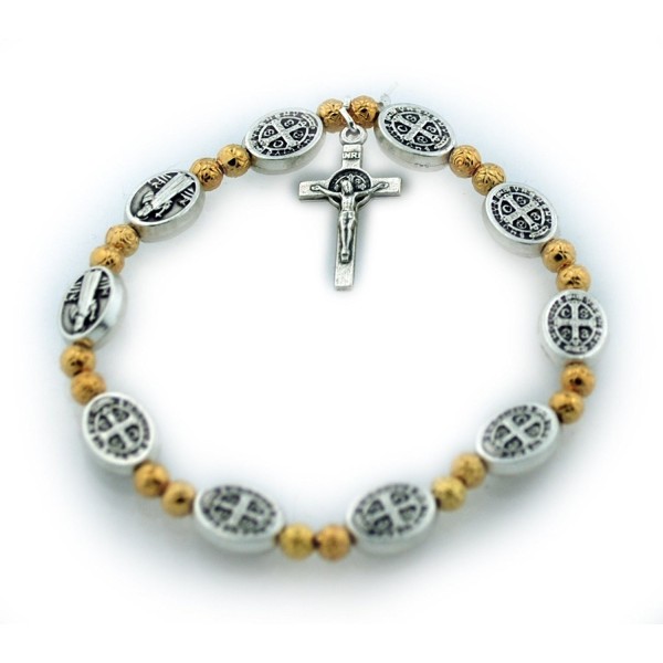 St. Benedict Medal Stretch Bracelet with Gold-Tone Beads - CQ12D0F8J3N
