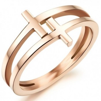 Womens Elegant 18K Rose Gold Stainless Steel Double Cross Ring Christian Fashion Wedding Engagement Band - CN12GX6JXAX