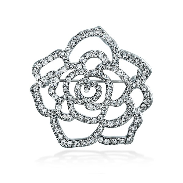 Bling Jewelry Pave Clear Crystal Flower Brooch Rose Pin Silver Plated - CP11BS2D68T