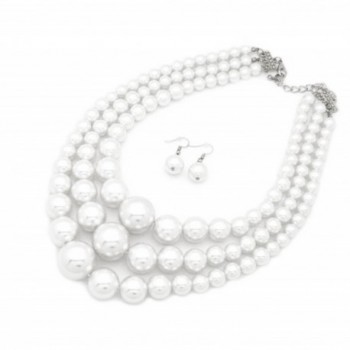 Women's Simulated Faux Three Multi-Strand Pearl Statement Necklace and Earrings Set - White - CK187GHUT27