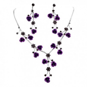 Faceted Metal Rose & Crystal Rhinestone Necklace & Earring set for Bridal- prom (Purple) - CA17X687WWZ