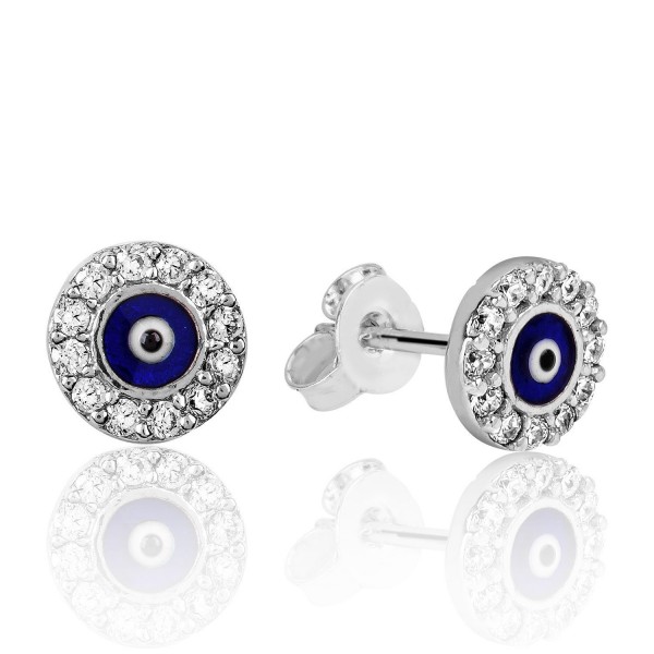 Small Stud Charm Earrings Navy Blue Enamel Evil Eye Nazar Silver Plated - CV189TD56X0