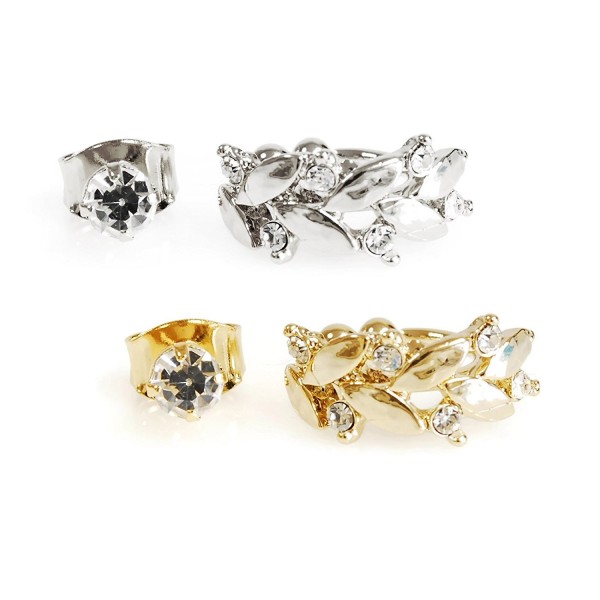 2 Pairs Gold Silver Carved Leaf Crystal Non Piercing Ear Cuff and Cubic Stud Earring Set - Silver & Gold - CL1872DTWQ9