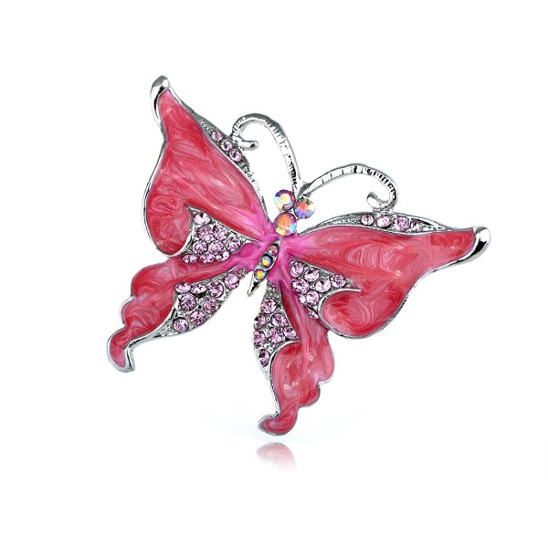 Alilang Silvery Tone Dark Pink Rhinestones Glitter Butterfly Insect Brooch Pin - C6113T2IQ8V