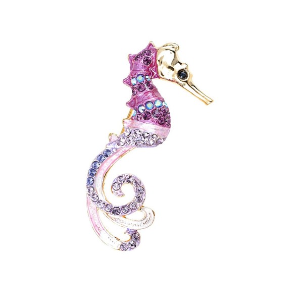 Alilang Womens Golden Tone Purple Rhinestones Nautical Fantasy Pink Seahorse Broch Pin - CA1143SAS8Z