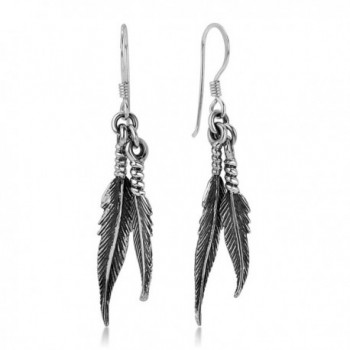 925 Oxidized Sterling Silver Vintage Native American Dangling Bird Feather Dangle Hook Earrings 1.8" - CX12I6MSB9H