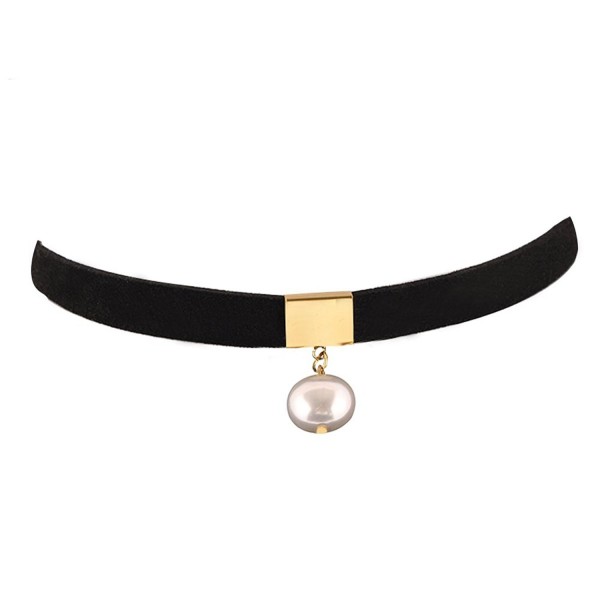 Pusheng 3/8" Black Suede Choker with Simulated Pearl - Black - C112MI0OTR1