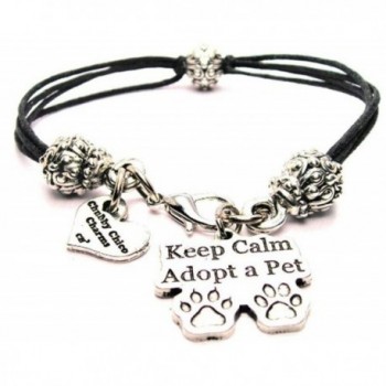 ChubbyChicoCharms Keep Calm Adopt a Pet- Pewter Beaded Black Waxed Cotton Cord Bracelet- 2.5" - CV11FZFRLO5