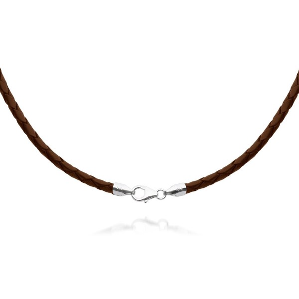 4mm Brown Braided Leather Cord Necklace Choker with Solid 925 Sterling Silver Clasp 22" - CD115GM8LGT