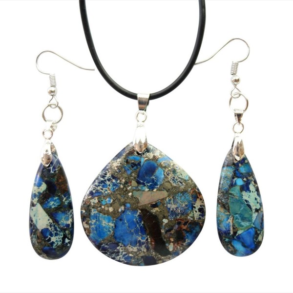 Beautiful Man-made Blue Sea Sediment Jasper & Pyrite Teardrop Earrings & Necklace set 17.5 Inch - C111O2OZYO9