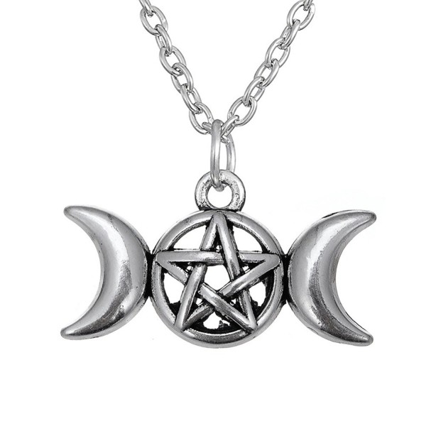 Antique Silver Tone Wiccan Triple Moon Pendant Goddess Pentacle Necklace Trendy Jewelry - CW12MG1X6PN