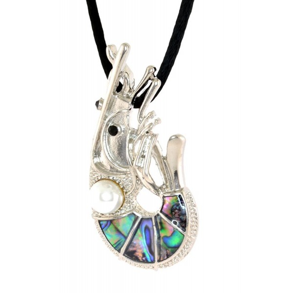 Marine Life Paua Shell and Faux Pearl "SHRIMP" Pendent- Silk Cord Chain Necklace - C712EQZB65T