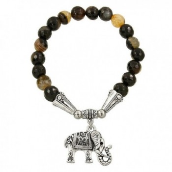 Falari Elephant Lucky Charm Natural Stone Bracelet Black Mix Cream Agate B2448-BCA - CQ12F1GJDF7