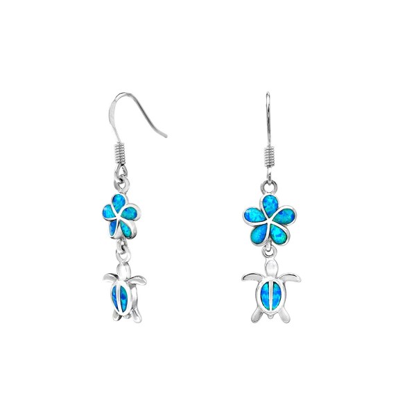 Sterling Silver Turtle Flower Hook Earrings with Simulated Blue Opal - CI11LD8XTJ9