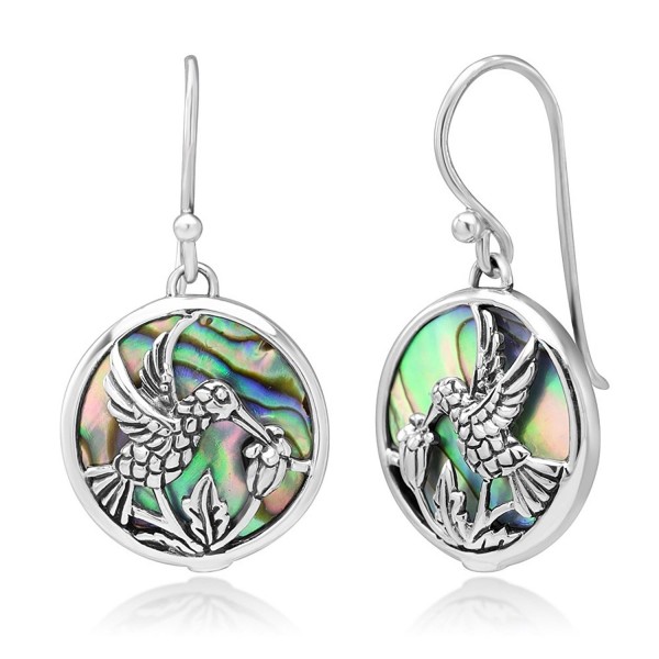 925 Sterling Silver Hummingbird Drinking Flower Nectar Abalone Shell Round Dangle Hook Earrings 1.3" - CC1234YGLSZ