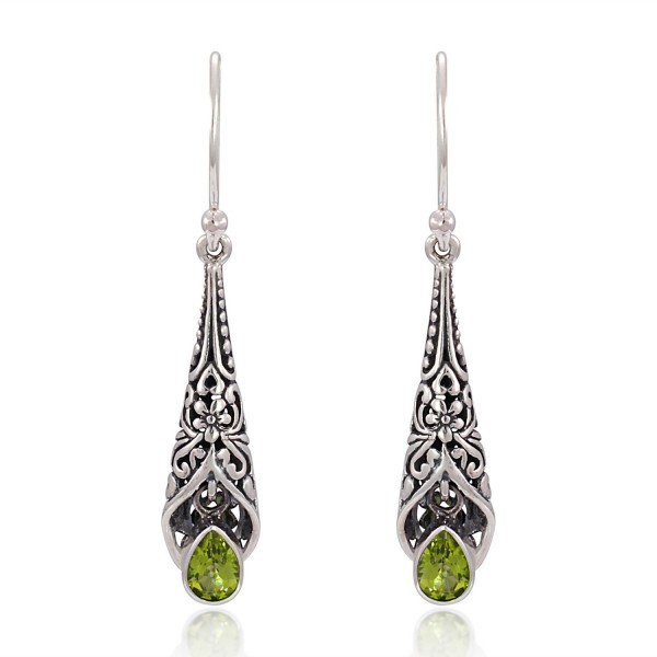 925 Sterling Silver Bali Detailed Filigree Genuine Green Peridot Dangle Earrings-Nickle Free - CH126GZ6URB