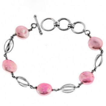 Pink Freshwater Coin Cultured Pearl 925 Sterling Silver Toggle Bracelet- 6 3/4"-7 3/4" - C812O886YF8