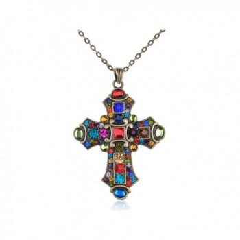 Alilang Ornate Antique Golden Tone Colorful Rhinestone Cross Pendant Necklace - CU117LOIPDT