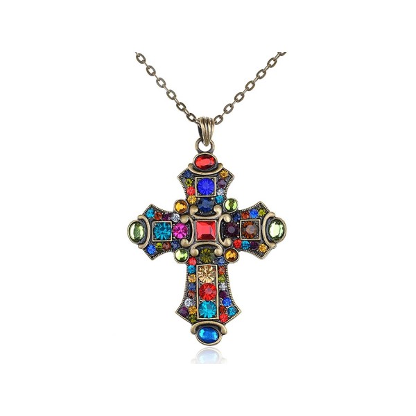 Alilang Ornate Antique Golden Tone Colorful Rhinestone Cross Pendant Necklace - CU117LOIPDT