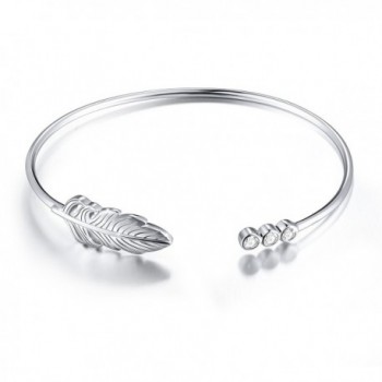 S925 Sterling Silver Cuff Feather Bangle Bracelet for Women - C3186789IWS