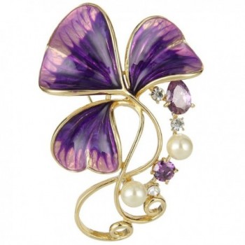 EVER FAITH Austrian Crystal Zircon Cream Simulated Pearl Enamel 3-Leaf Clover Brooch Pin Gold-Tone - Purple - CA11XGR59H5