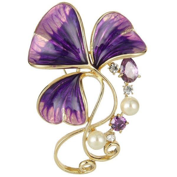 EVER FAITH Austrian Crystal Zircon Cream Simulated Pearl Enamel 3-Leaf Clover Brooch Pin Gold-Tone - Purple - CA11XGR59H5