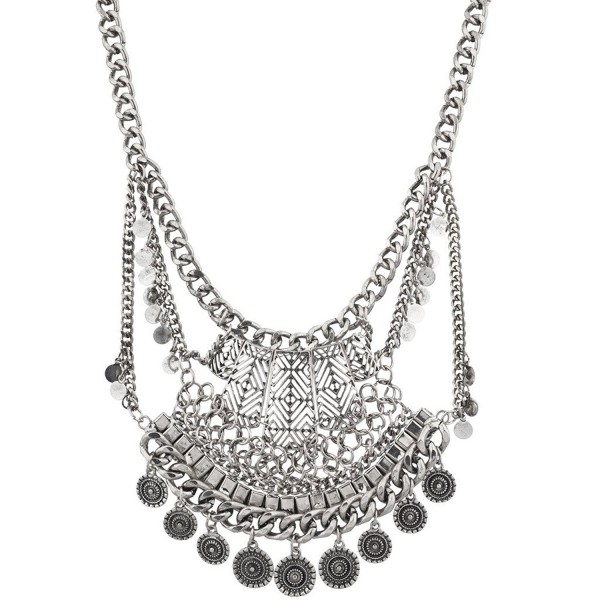 Lux Accessories Tribal Western Boho Burnish Silver Coin Statement Necklace - CF12LQ58XK3