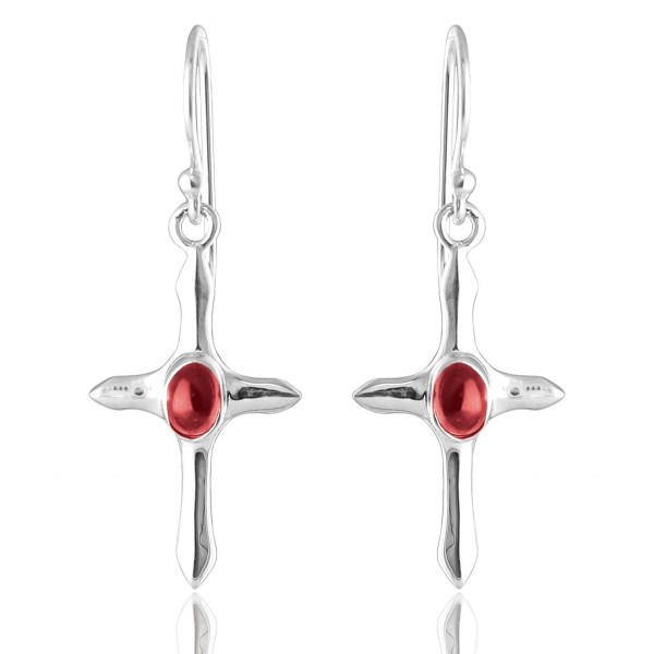 925 Oxidized Sterling Silver Oval Gemstone Cross Dangle Earrings - Red Coral - CG12L13QX93