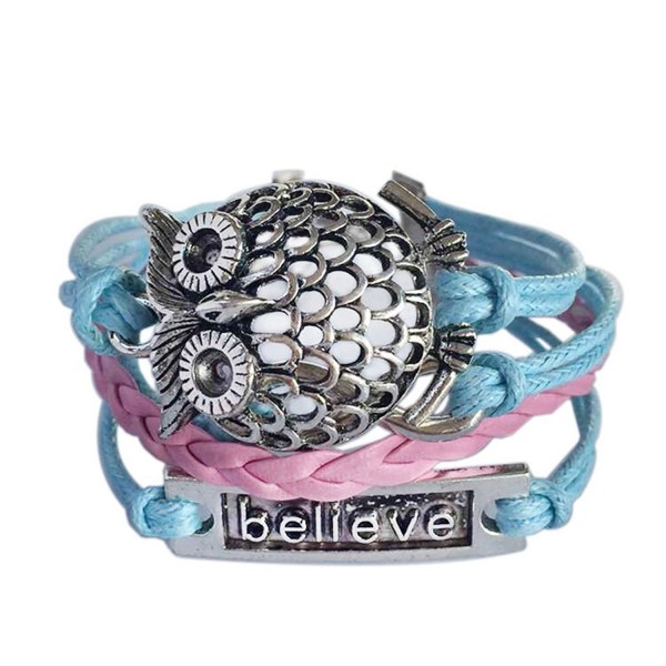 Wild Wind (TM) Christmas Owl "Believe" Lucky Adjustable Infinity Leather Wrap Bracelet - C5129RFSB33