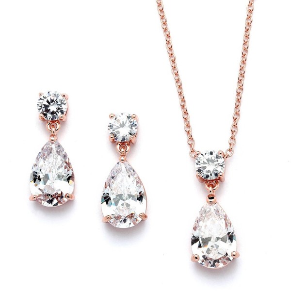 Mariell 14K Rose Gold Plated CZ Teardrop Bridal Necklace and Earring Set for Weddings- Bridesmaids & Prom - CP12MNL8075