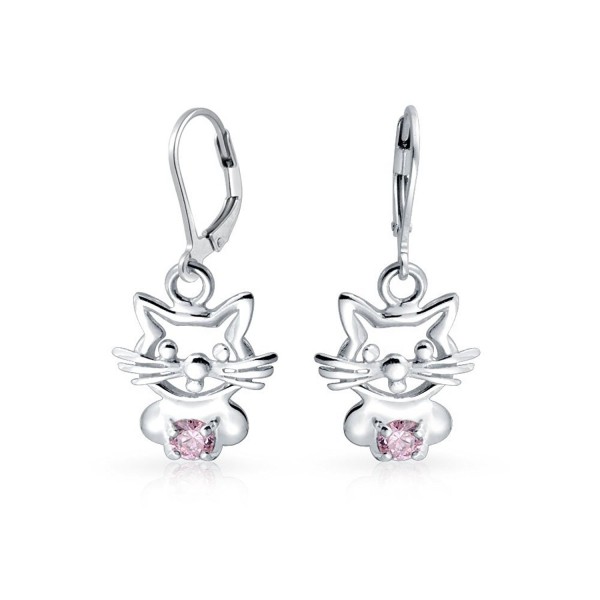 Bling Jewelry CZ Simulated Pink Sapphire Kitty Cat Sterling Silver Leverback Dangle Earrings - CA11NCUNUCH