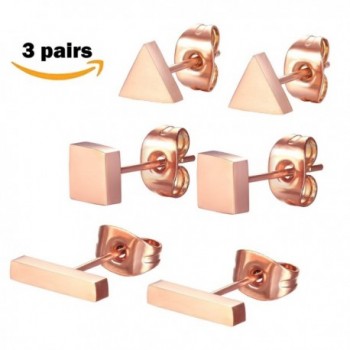 SPINEX 3 Pairs Stainless Steel Rose Gold Stud Earring Set Pierced (Rectangle- Square- Triangle) - CO1857LZMQW