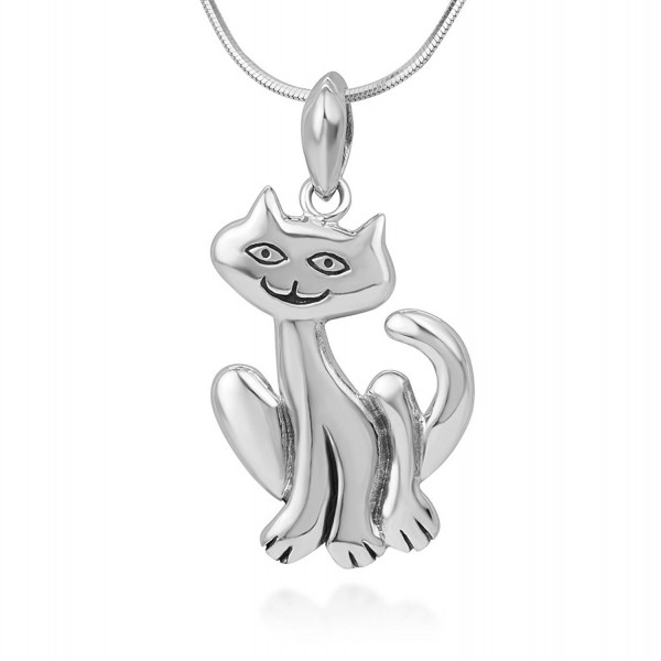 925 Sterling Silver Smiling Cute Cat Happy Kitten Pendant Necklace- 18 ...