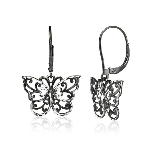 Sterling Silver Diamond-cut Filigree Butterfly Dangle Drop Leverback Earrings- One Pair Set - Black Flashed - CI189IZ5C29