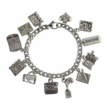 Writer Stainless Steel & Pewter Charm Bracelet - Writing + Author Themed Charms- Sizes XS-XL - CW188I747GG