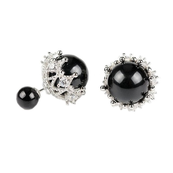 925 Sterling Silver Plated CZ Two-Tone Hollow Lace double-faced Simulated Pearl Women Stud Earrings-Black - CV17WTMMRE9
